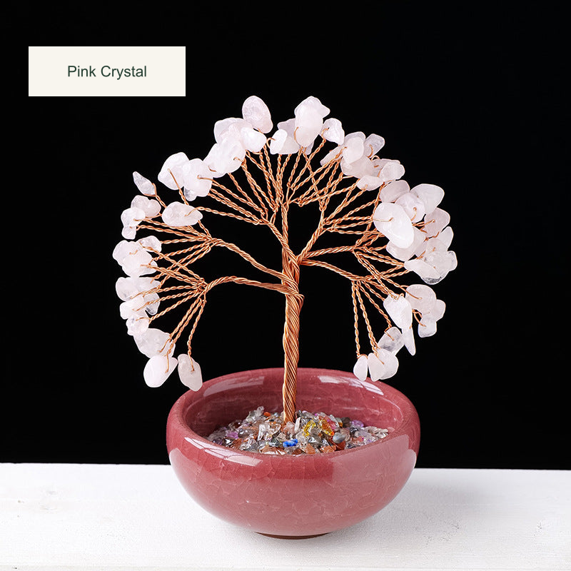 Original teacup or mini glass-bowl tree photograph; Chinese captions translated equivalently into English; real stones, fillers, bowl colors and dimensions retained