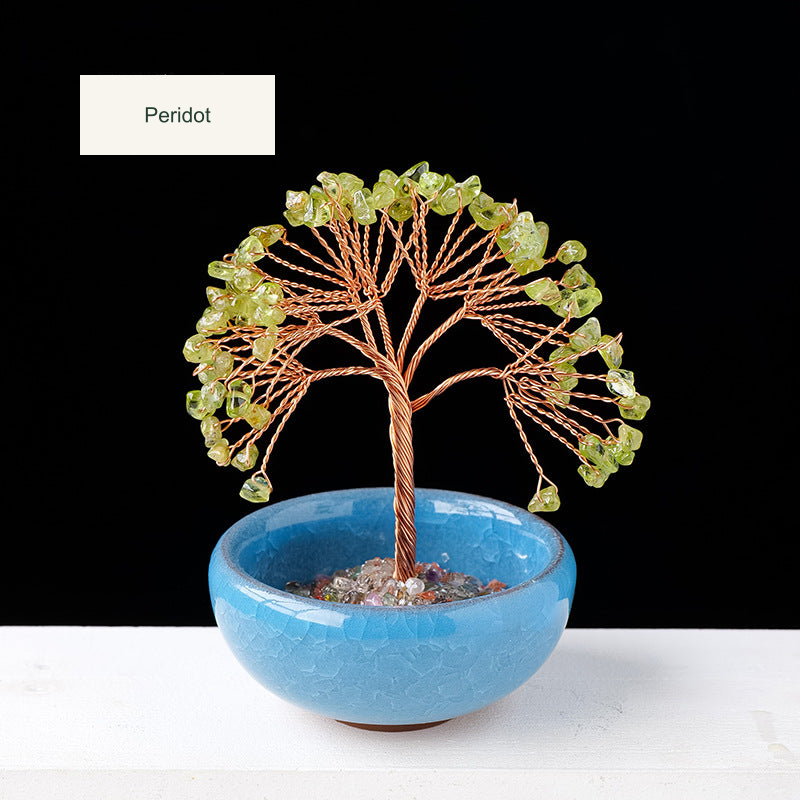 Original teacup or mini glass-bowl tree photograph; Chinese captions translated equivalently into English; real stones, fillers, bowl colors and dimensions retained
