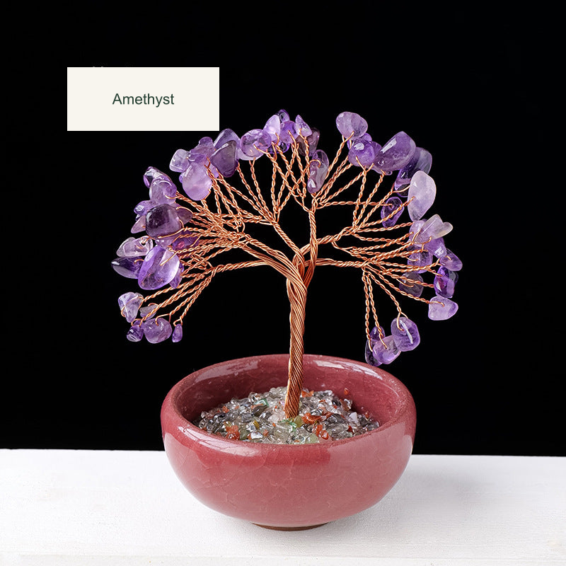Original teacup or mini glass-bowl tree photograph; Chinese captions translated equivalently into English; real stones, fillers, bowl colors and dimensions retained