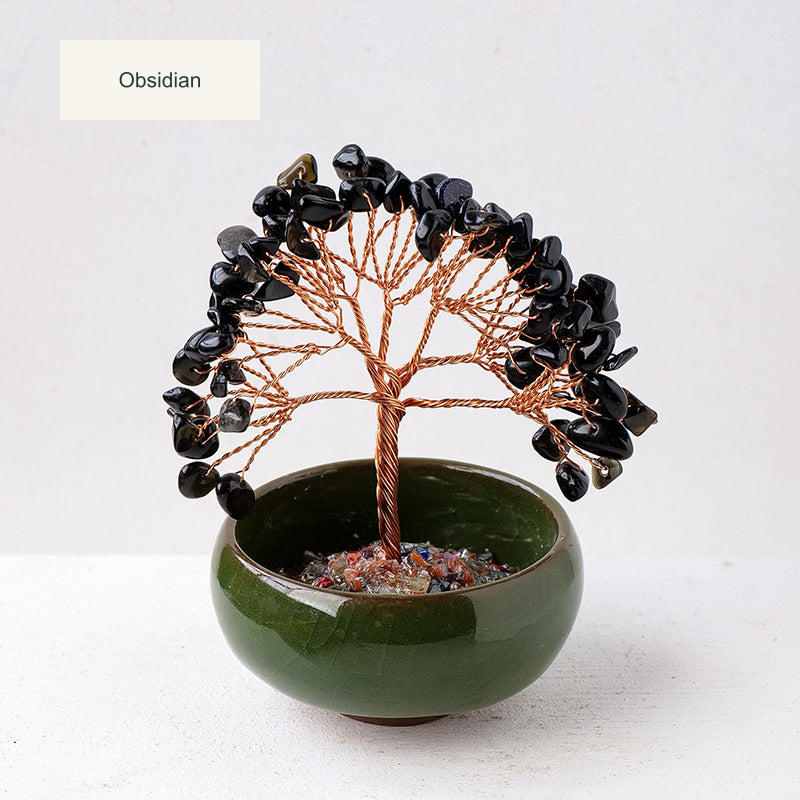 Original teacup or mini glass-bowl tree photograph; Chinese captions translated equivalently into English; real stones, fillers, bowl colors and dimensions retained