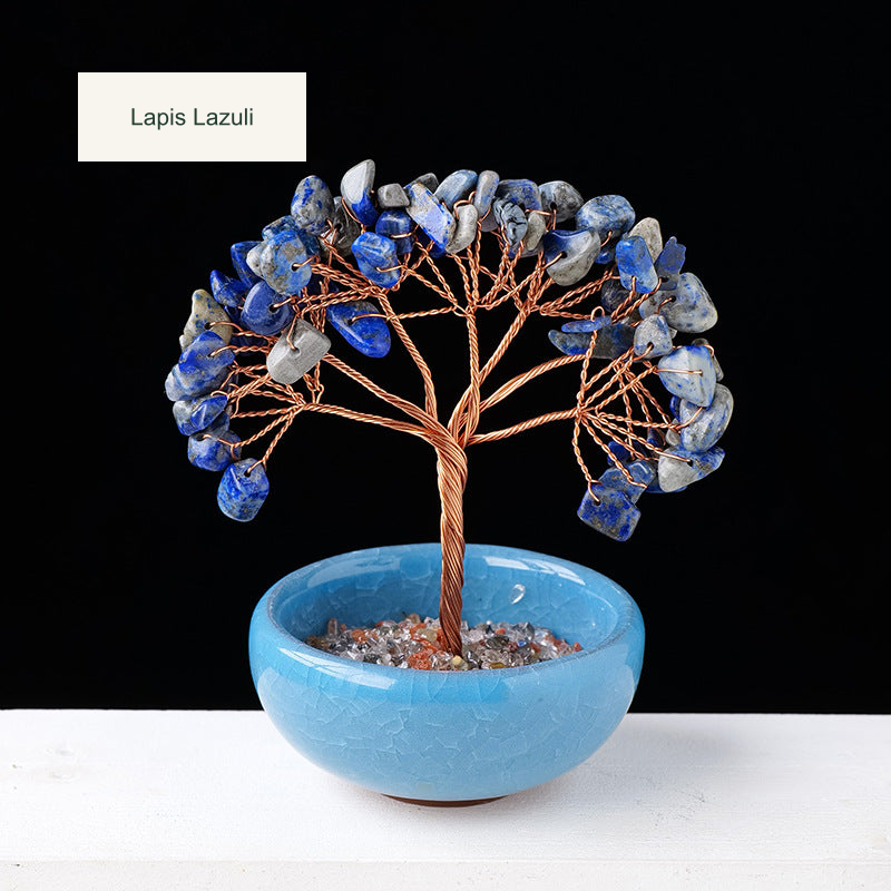 Original teacup or mini glass-bowl tree photograph; Chinese captions translated equivalently into English; real stones, fillers, bowl colors and dimensions retained