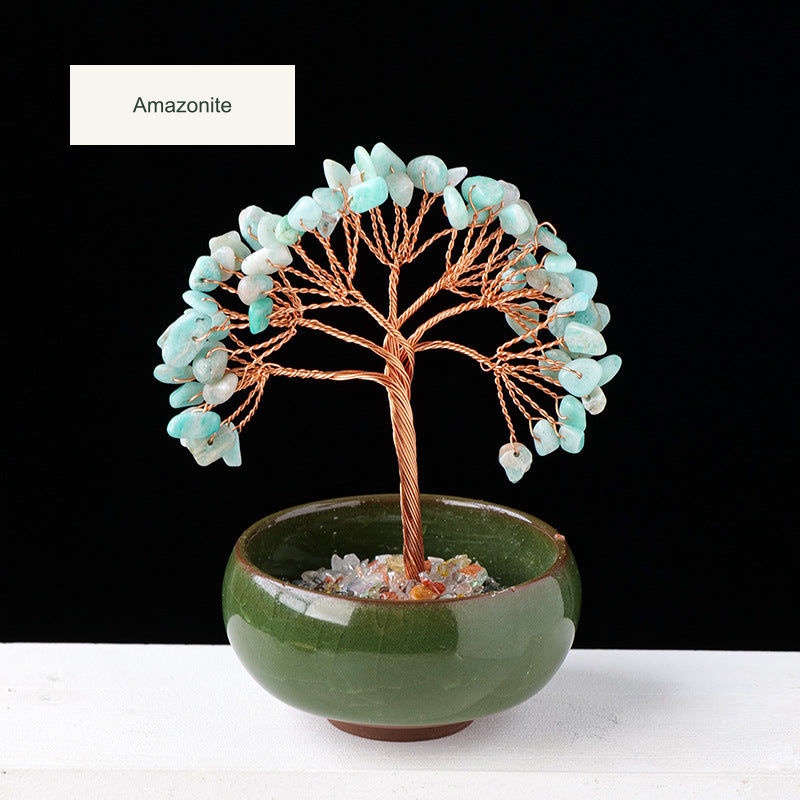 Original teacup or mini glass-bowl tree photograph; Chinese captions translated equivalently into English; real stones, fillers, bowl colors and dimensions retained