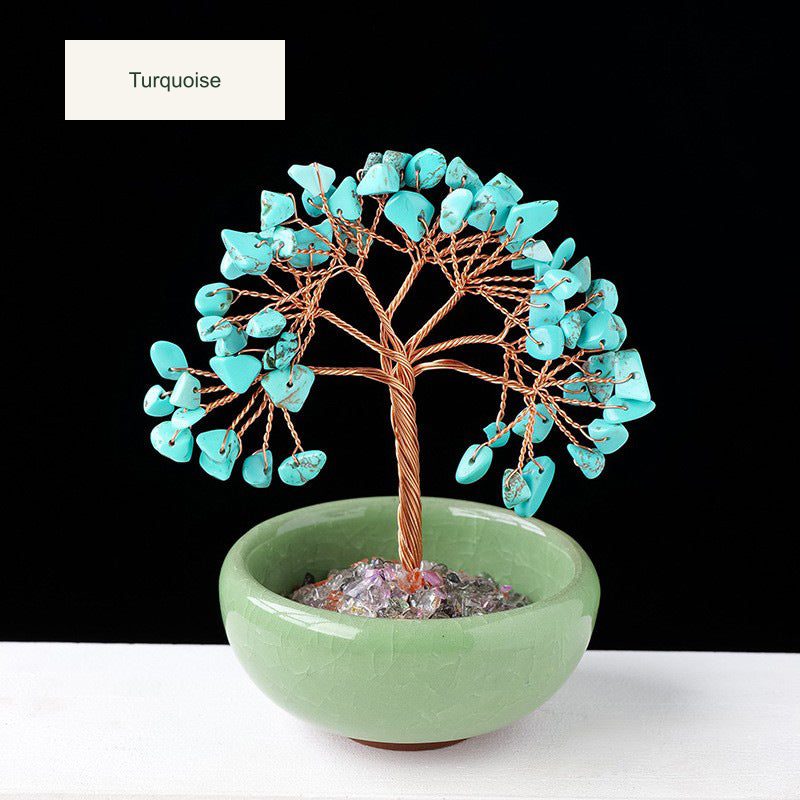 Original teacup or mini glass-bowl tree photograph; Chinese captions translated equivalently into English; real stones, fillers, bowl colors and dimensions retained