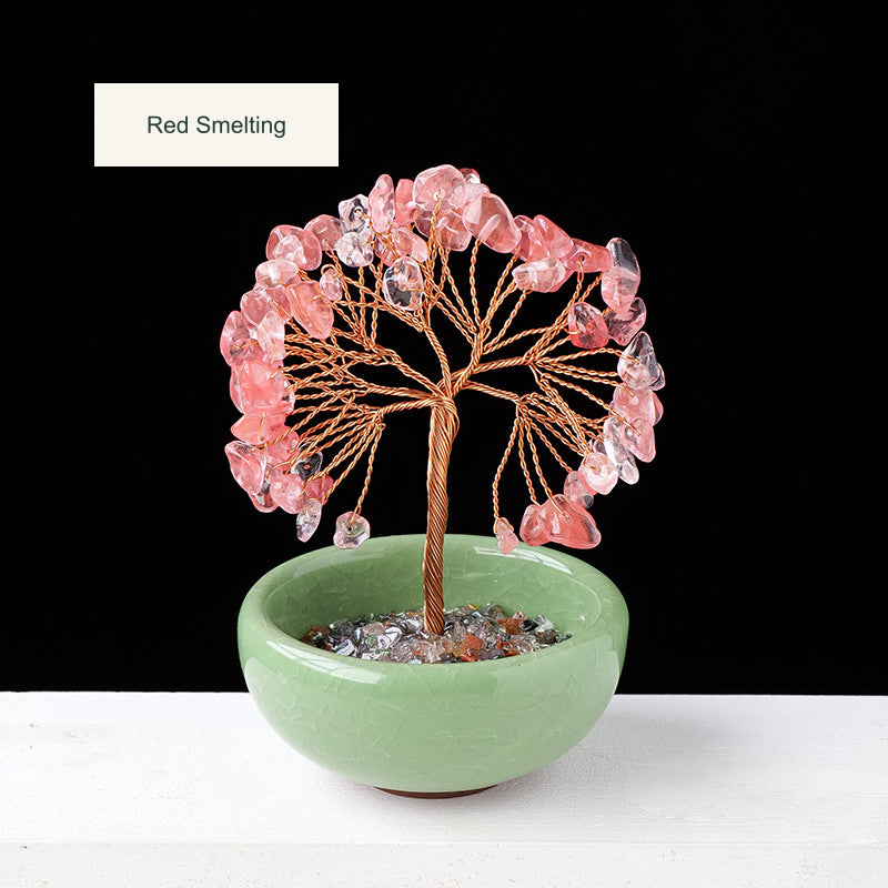 Original teacup or mini glass-bowl tree photograph; Chinese captions translated equivalently into English; real stones, fillers, bowl colors and dimensions retained