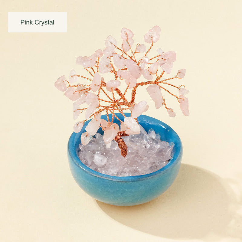Original teacup or mini glass-bowl tree photograph; Chinese captions translated equivalently into English; real stones, fillers, bowl colors and dimensions retained