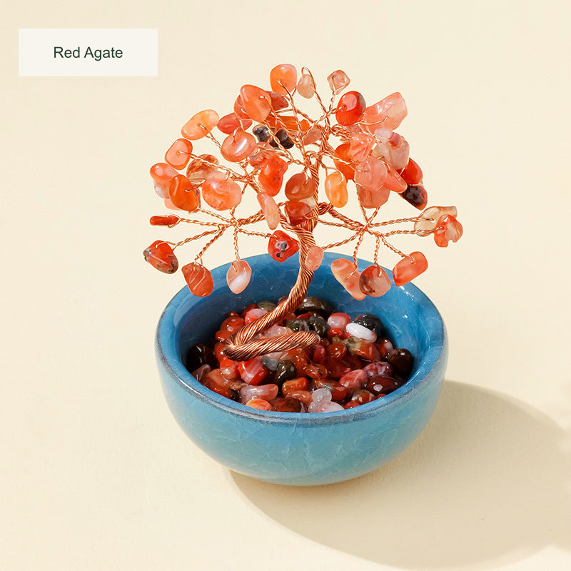 Original teacup or mini glass-bowl tree photograph; Chinese captions translated equivalently into English; real stones, fillers, bowl colors and dimensions retained