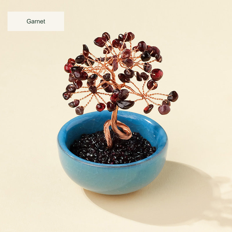 Original teacup or mini glass-bowl tree photograph; Chinese captions translated equivalently into English; real stones, fillers, bowl colors and dimensions retained