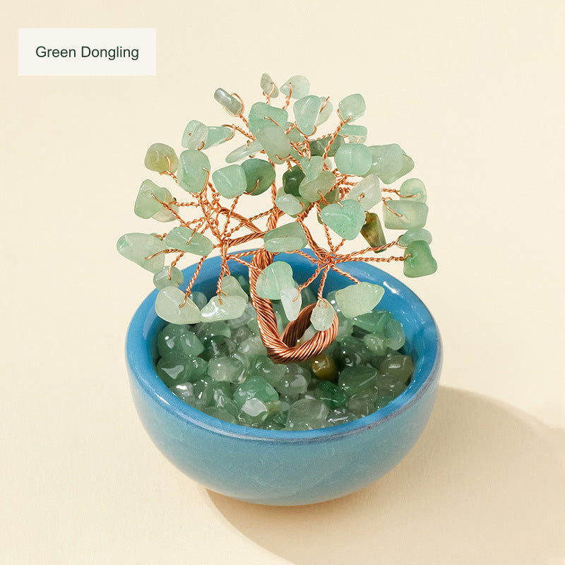 Original teacup or mini glass-bowl tree photograph; Chinese captions translated equivalently into English; real stones, fillers, bowl colors and dimensions retained