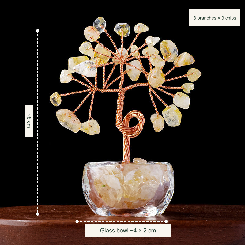 Original teacup or mini glass-bowl tree photograph; Chinese captions translated equivalently into English; real stones, fillers, bowl colors and dimensions retained
