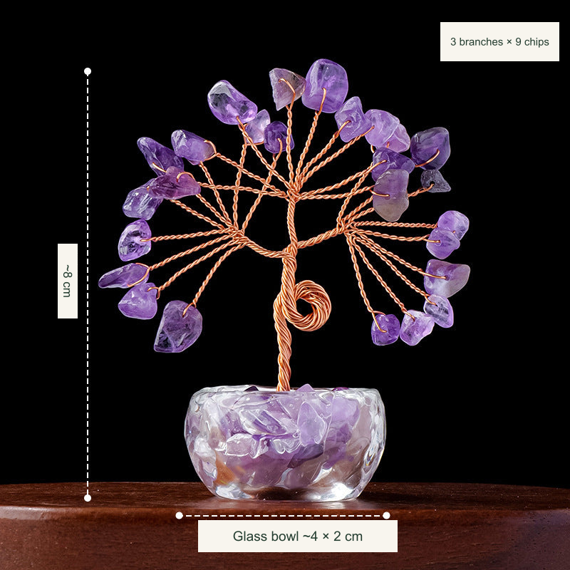 Original teacup or mini glass-bowl tree photograph; Chinese captions translated equivalently into English; real stones, fillers, bowl colors and dimensions retained
