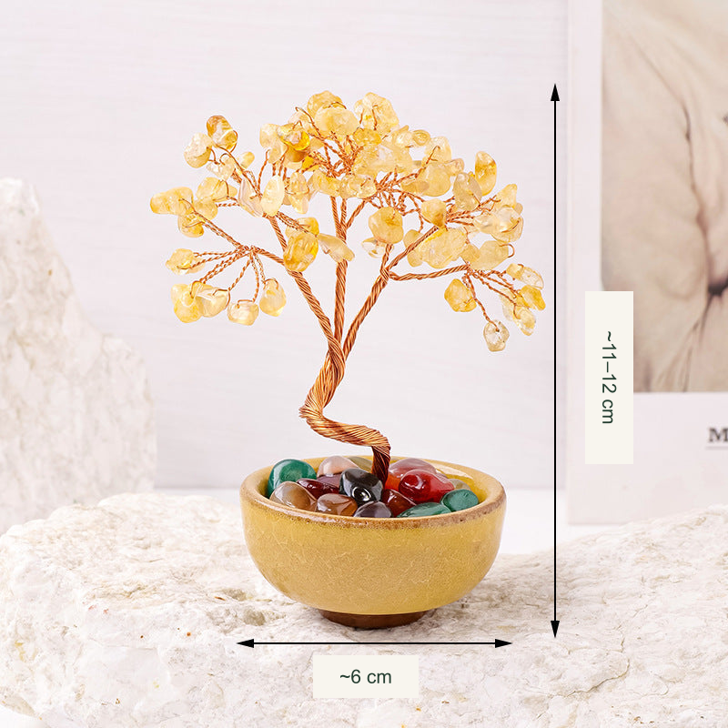 Original teacup or mini glass-bowl tree photograph; Chinese captions translated equivalently into English; real stones, fillers, bowl colors and dimensions retained