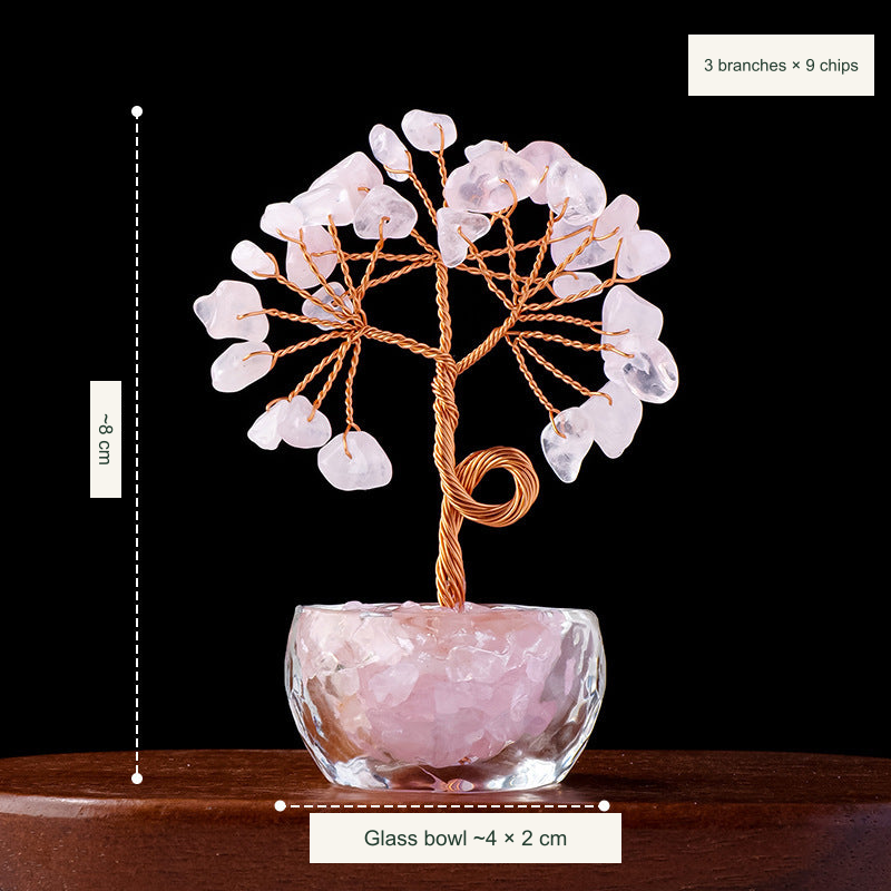 Original teacup or mini glass-bowl tree photograph; Chinese captions translated equivalently into English; real stones, fillers, bowl colors and dimensions retained