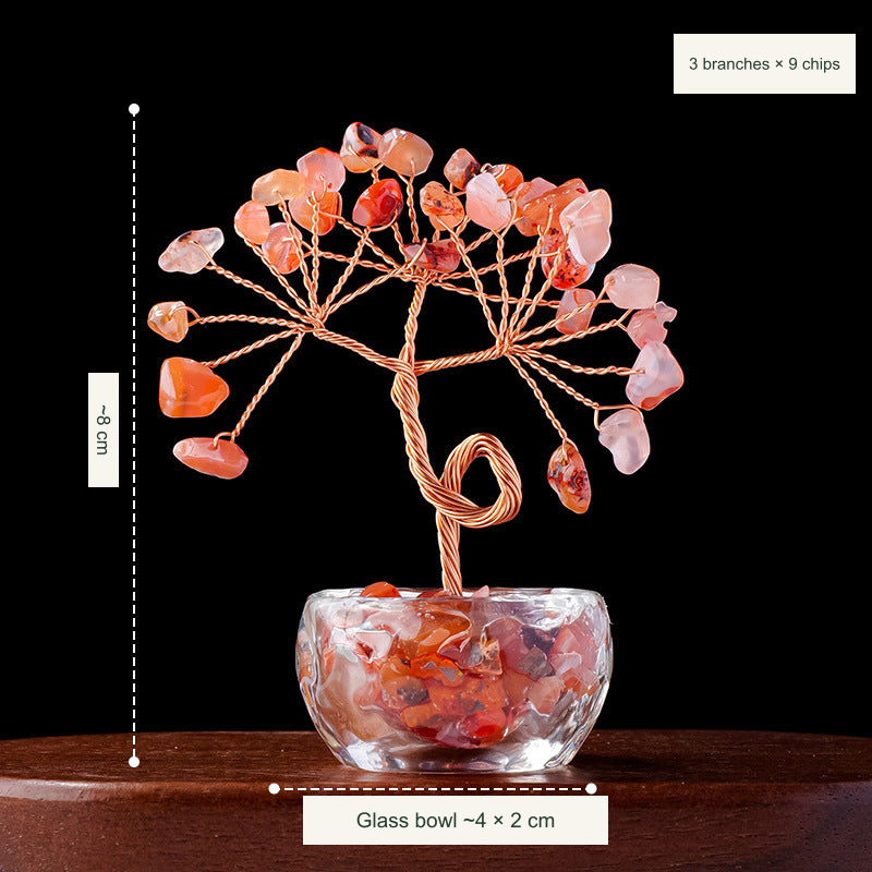 Original teacup or mini glass-bowl tree photograph; Chinese captions translated equivalently into English; real stones, fillers, bowl colors and dimensions retained