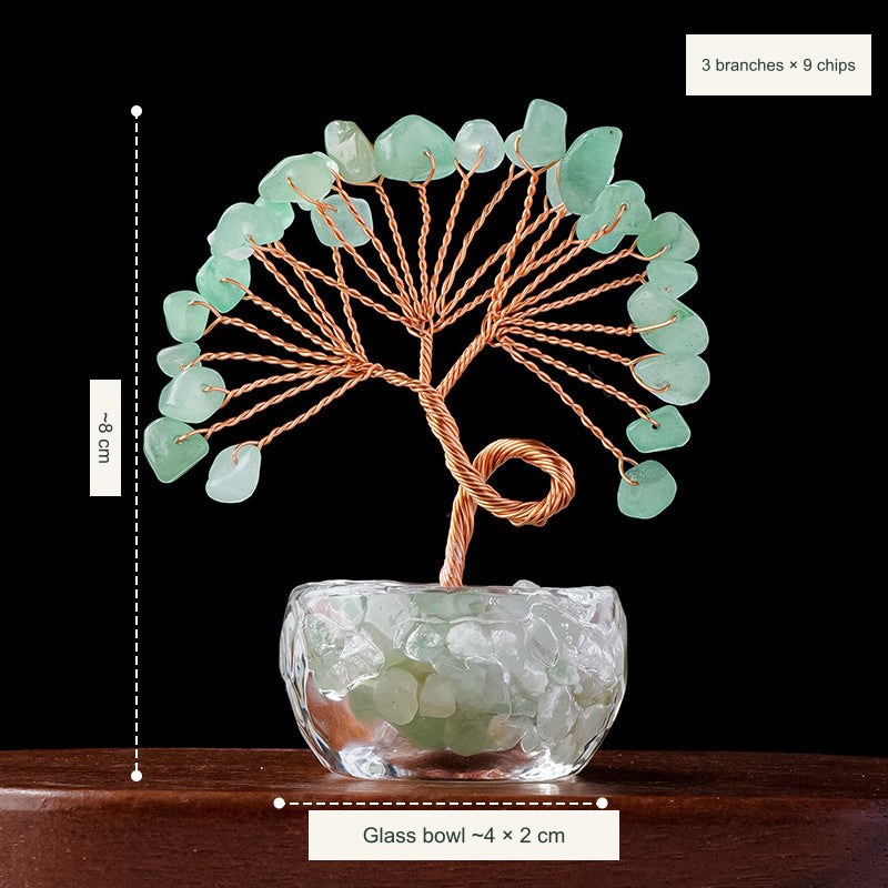 Original teacup or mini glass-bowl tree photograph; Chinese captions translated equivalently into English; real stones, fillers, bowl colors and dimensions retained