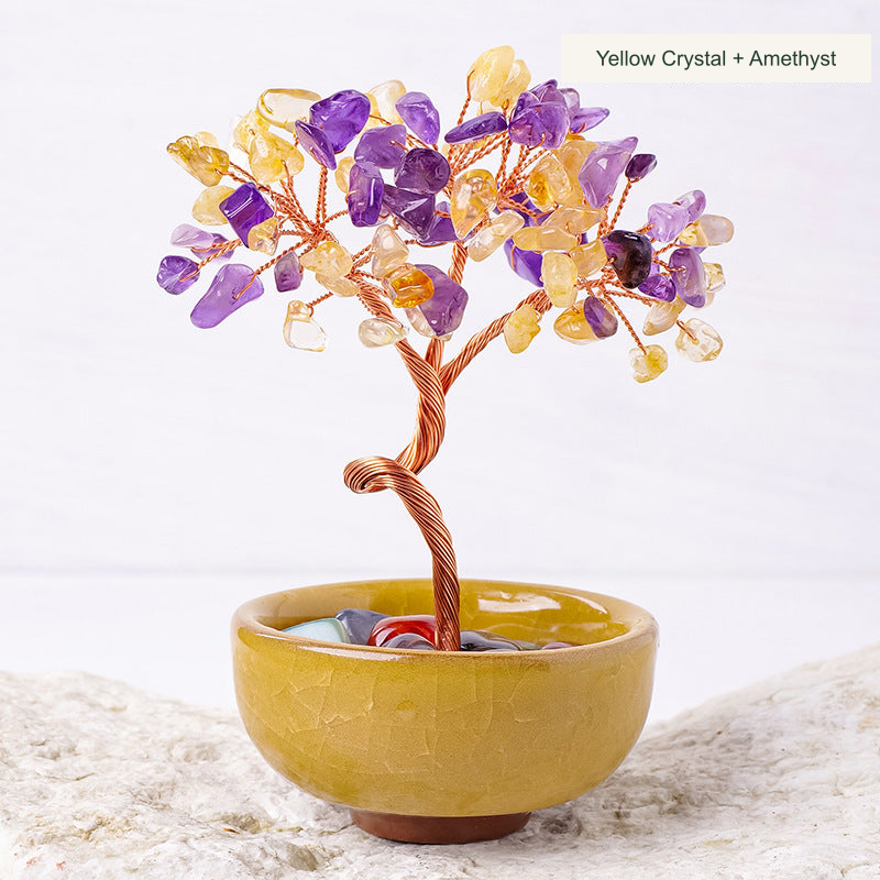 Original teacup or mini glass-bowl tree photograph; Chinese captions translated equivalently into English; real stones, fillers, bowl colors and dimensions retained