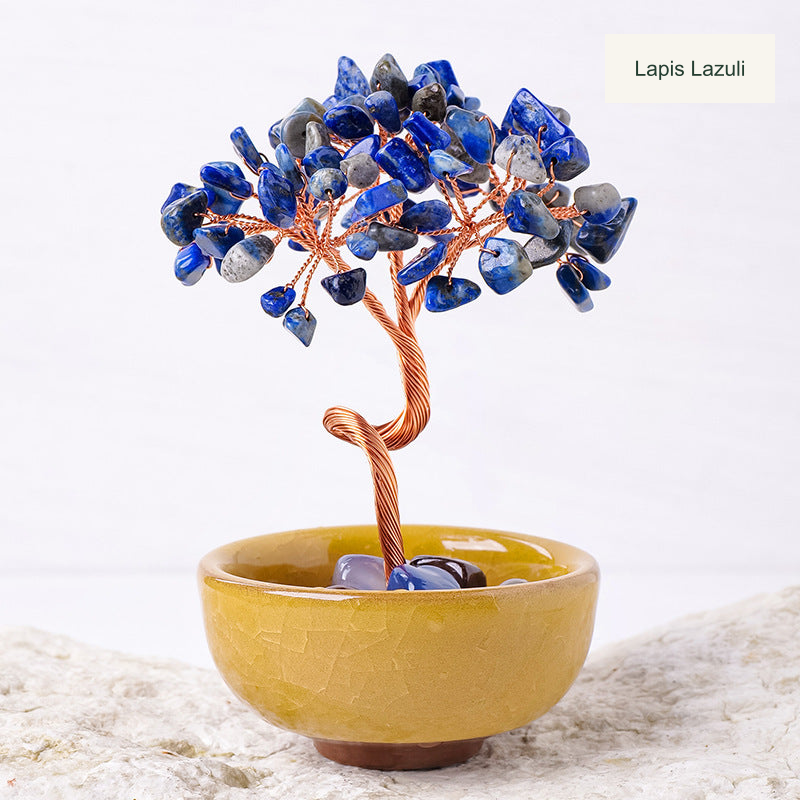 Original teacup or mini glass-bowl tree photograph; Chinese captions translated equivalently into English; real stones, fillers, bowl colors and dimensions retained
