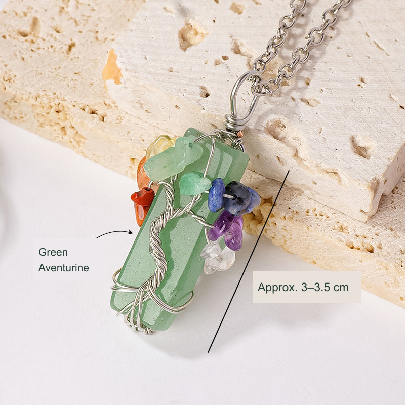 Green Aventurine tree-of-life wire-wrapped pendant, original photo with English material and size references