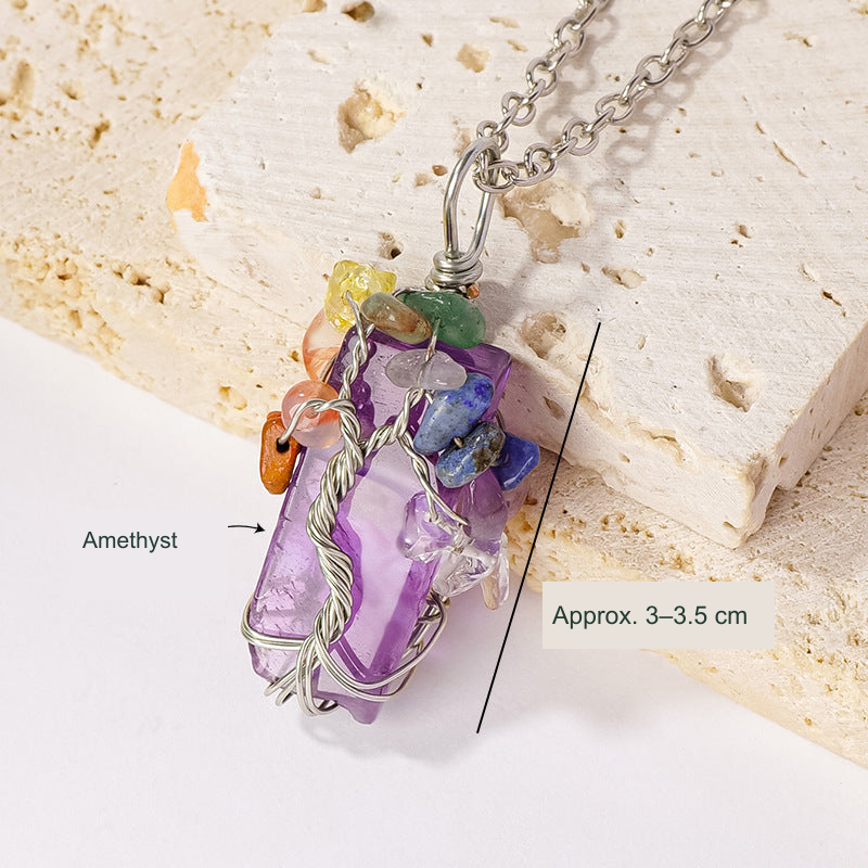 Amethyst tree-of-life wire-wrapped pendant, original photo with English material and size references