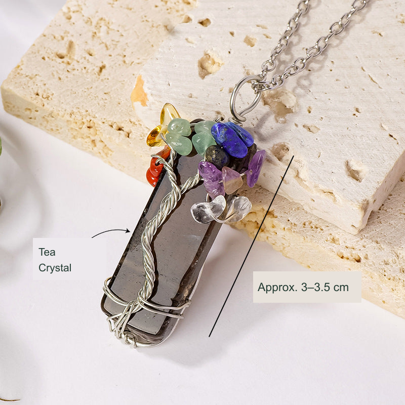 Tea Crystal tree-of-life wire-wrapped pendant, original photo with English material and size references
