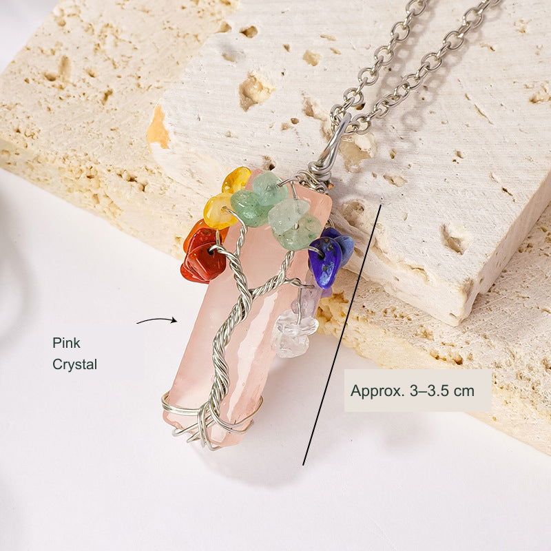 Pink Crystal tree-of-life wire-wrapped pendant, original photo with English material and size references