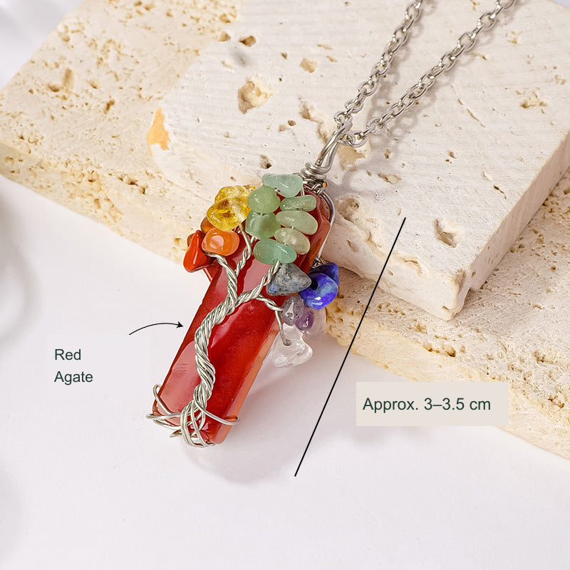 Red Agate tree-of-life wire-wrapped pendant, original photo with English material and size references