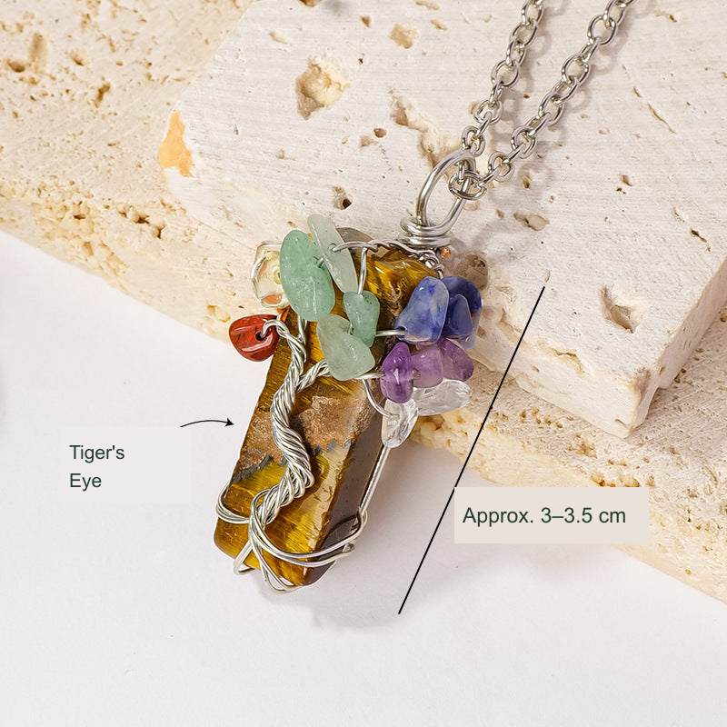 Tiger's Eye tree-of-life wire-wrapped pendant, original photo with English material and size references