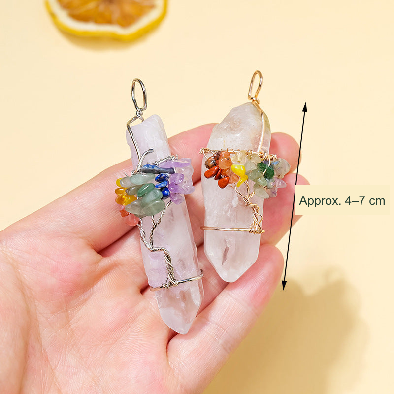 White single-crystal supplier-labelled Tree of Life pendants in gold- and silver-colored wire — approx. 4–7 cm; exact English size translation without product changes