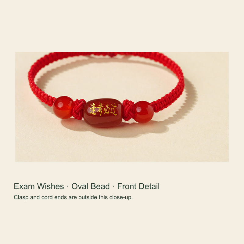 Original Chinese-inspired cord bracelet photograph with English style labels; bead inscriptions retained as physical design