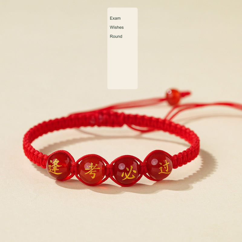 Original Chinese-inspired cord bracelet photograph with English style labels; bead inscriptions retained as physical design