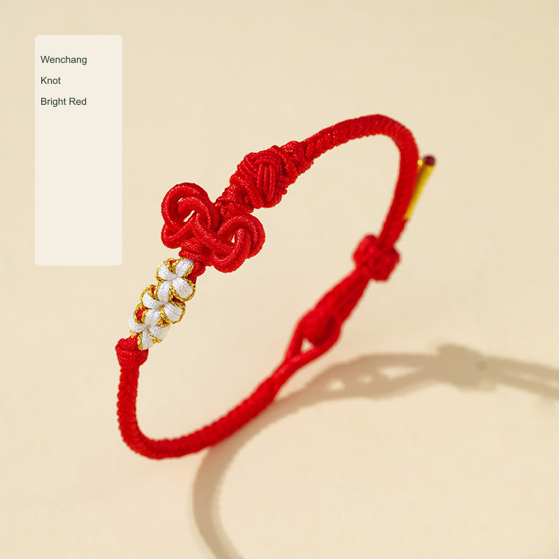 Original Chinese-inspired cord bracelet photograph with English style labels; bead inscriptions retained as physical design