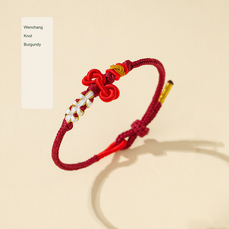 Original Chinese-inspired cord bracelet photograph with English style labels; bead inscriptions retained as physical design