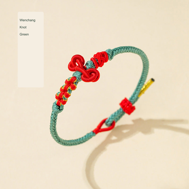 Original Chinese-inspired cord bracelet photograph with English style labels; bead inscriptions retained as physical design