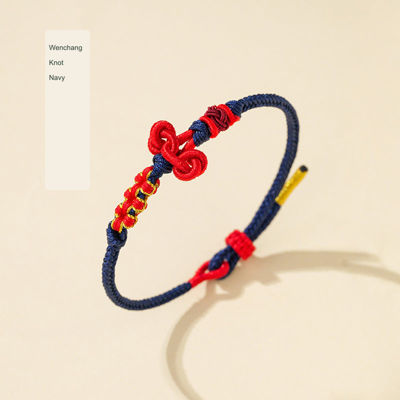 Original Chinese-inspired cord bracelet photograph with English style labels; bead inscriptions retained as physical design