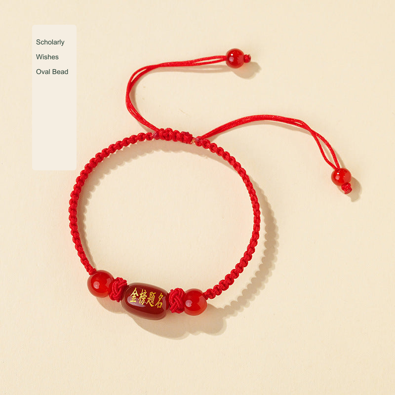 Original Chinese-inspired cord bracelet photograph with English style labels; bead inscriptions retained as physical design