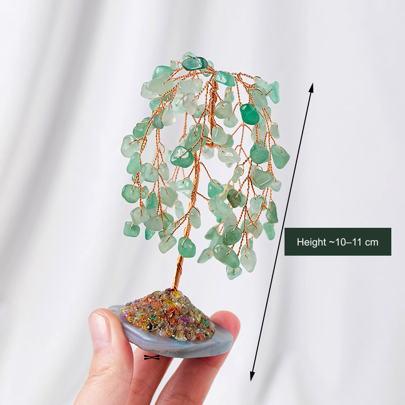 Original green willow-style chip tree held in a hand; approximate 10–11 cm height label translated into English without altering the tree or dimension line.