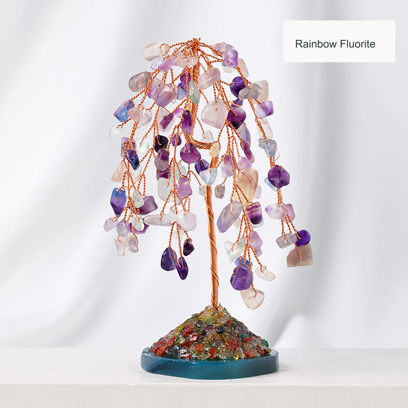 Existing SKU tree photograph with its same English material label; residual text covered only in the empty caption region. Actual chip shapes, color and base untouched.