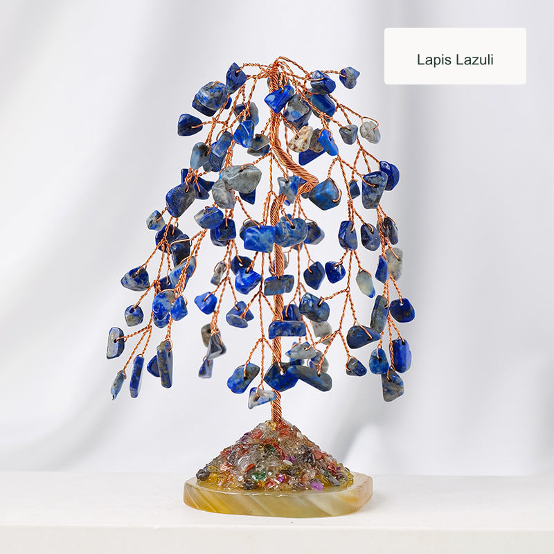 Existing SKU tree photograph with its same English material label; residual text covered only in the empty caption region. Actual chip shapes, color and base untouched.