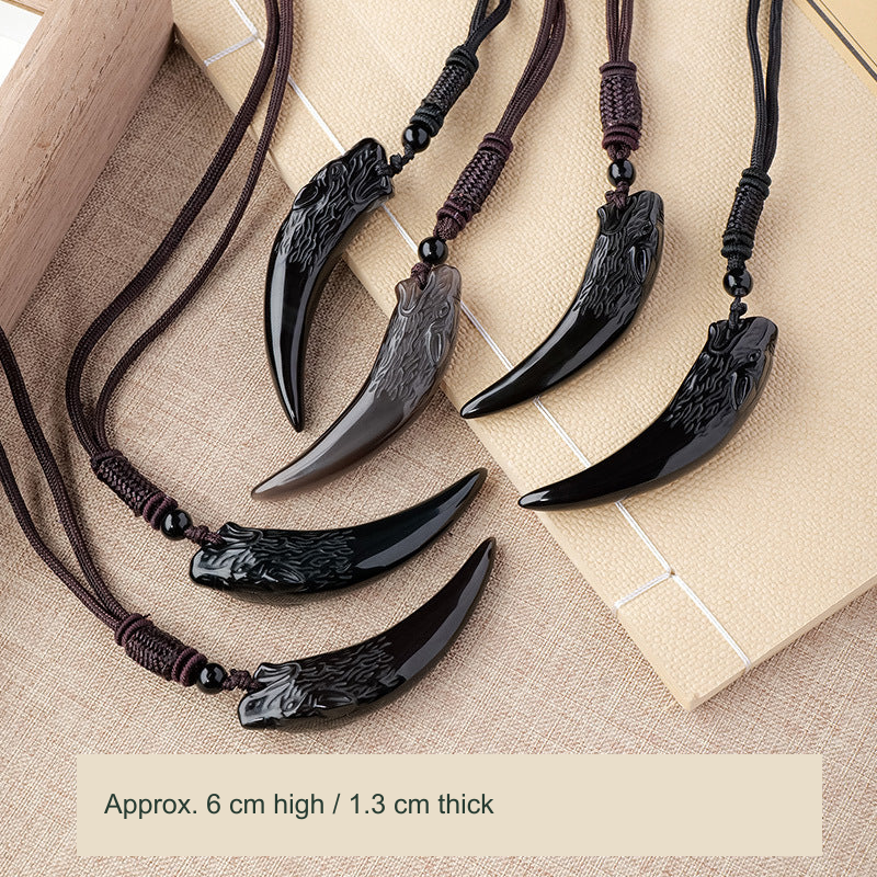 Original wolf-head curved pendants and black/brown cords; English supplier6cm height and1.3cm thickness reference.