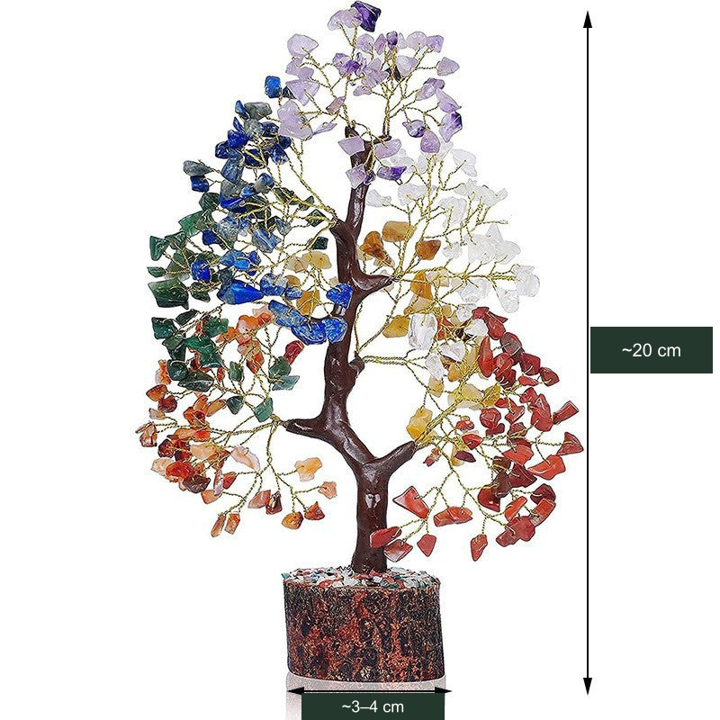 Original Old Style mixed-chip tree SKU photograph: approximate 20 cm height and 3–4 cm base width labels translated with every stone, branch and base unchanged.