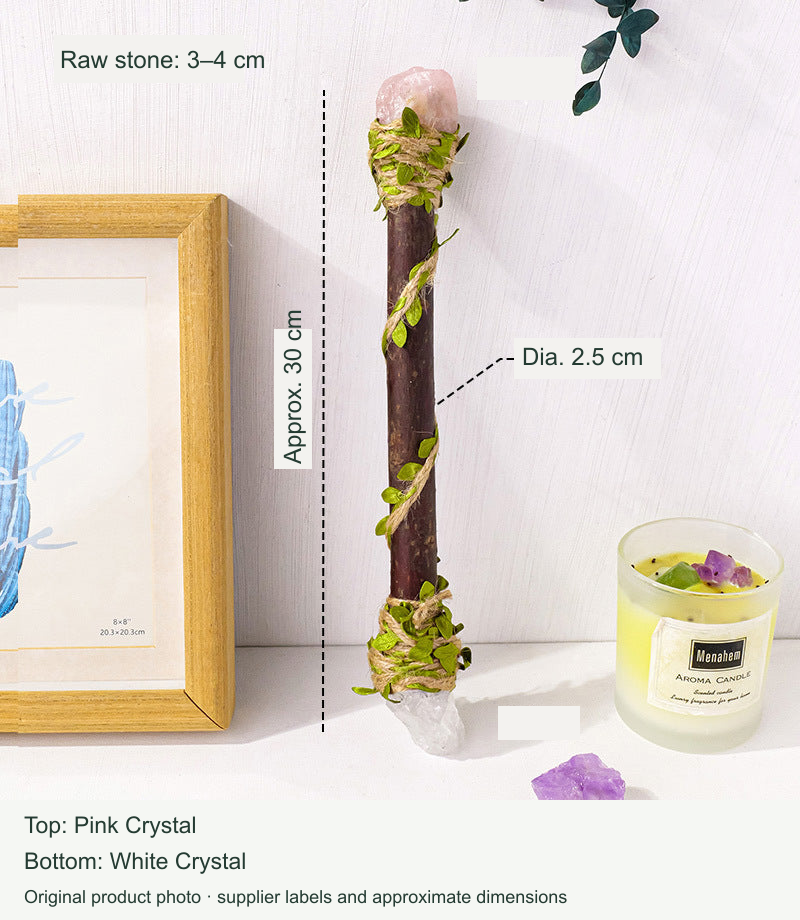 【Pink crystal+White crystal】Crystal Raw Stone Scepter original photo with English supplier labels and measurements