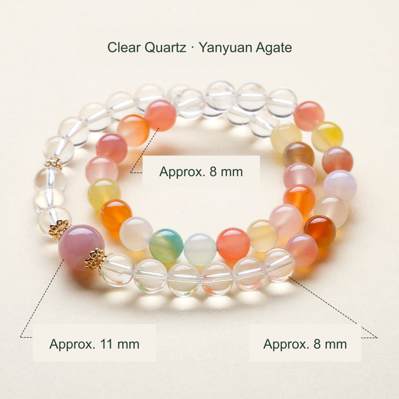 Double-loop clear and multicolor bracelet with pink focal bead