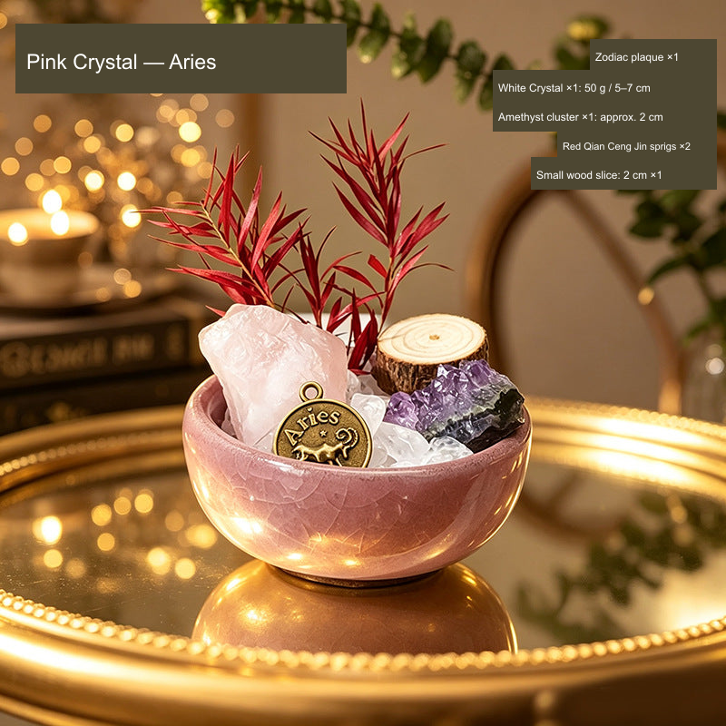 Original Western zodiac stone bowl arrangement; English material, zodiac and supplier component quantities.