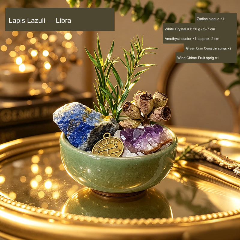 Original Western zodiac stone bowl arrangement; English material, zodiac and supplier component quantities.
