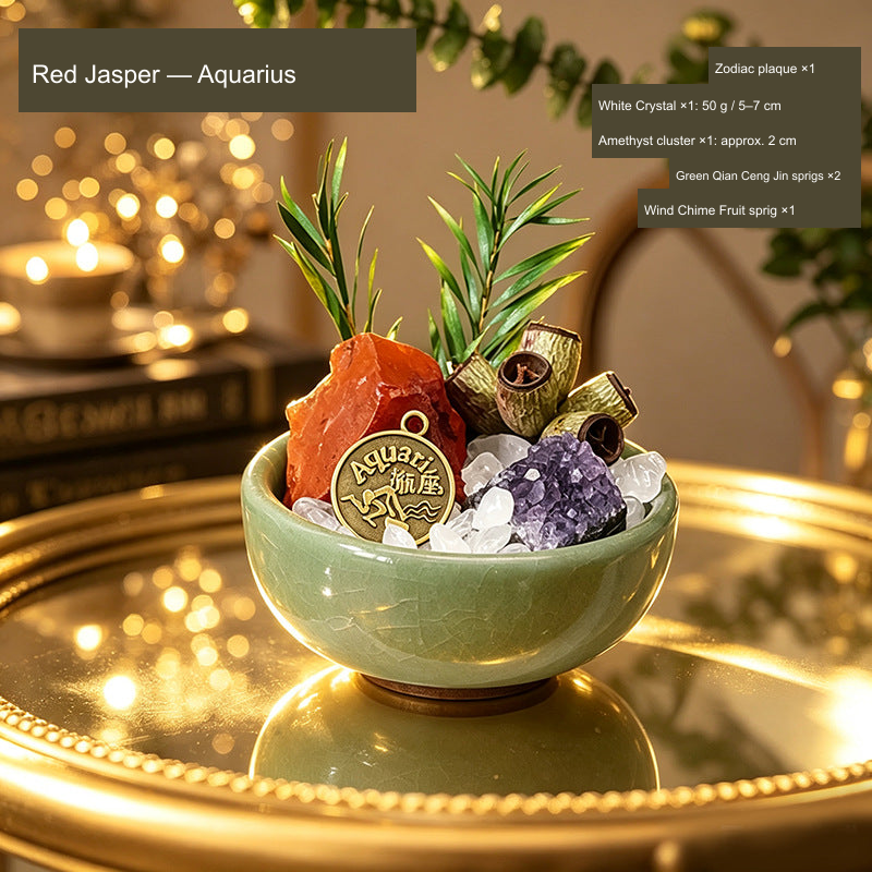 Original Western zodiac stone bowl arrangement; English material, zodiac and supplier component quantities.