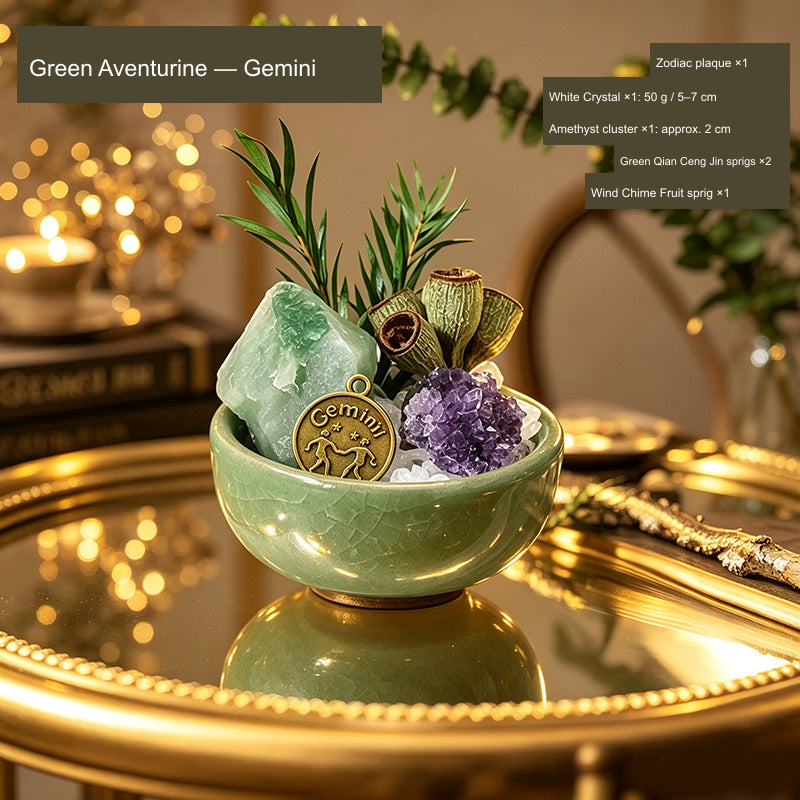 Original Western zodiac stone bowl arrangement; English material, zodiac and supplier component quantities.