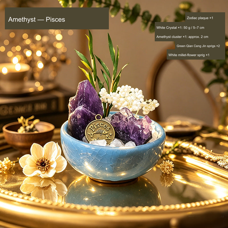Original Western zodiac stone bowl arrangement; English material, zodiac and supplier component quantities.