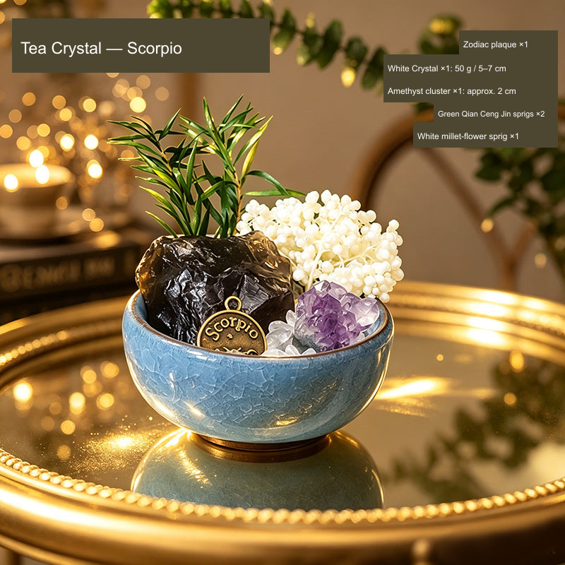 Original Western zodiac stone bowl arrangement; English material, zodiac and supplier component quantities.