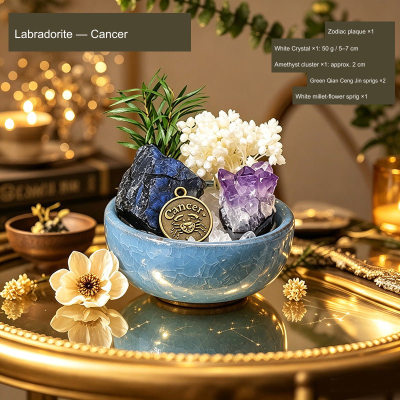 Original Western zodiac stone bowl arrangement; English material, zodiac and supplier component quantities.