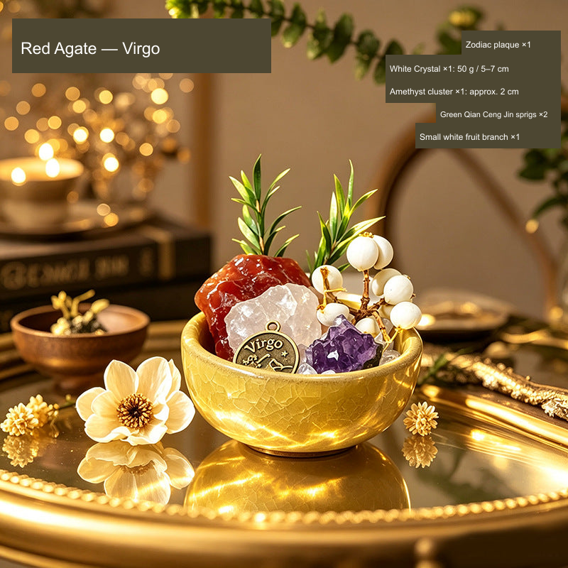 Original Western zodiac stone bowl arrangement; English material, zodiac and supplier component quantities.
