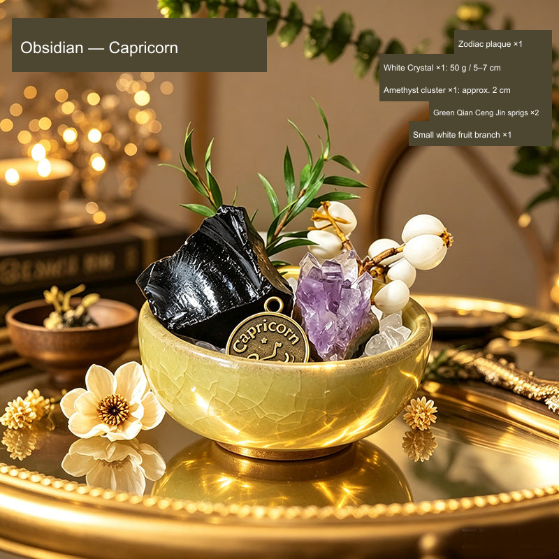 Original Western zodiac stone bowl arrangement; English material, zodiac and supplier component quantities.